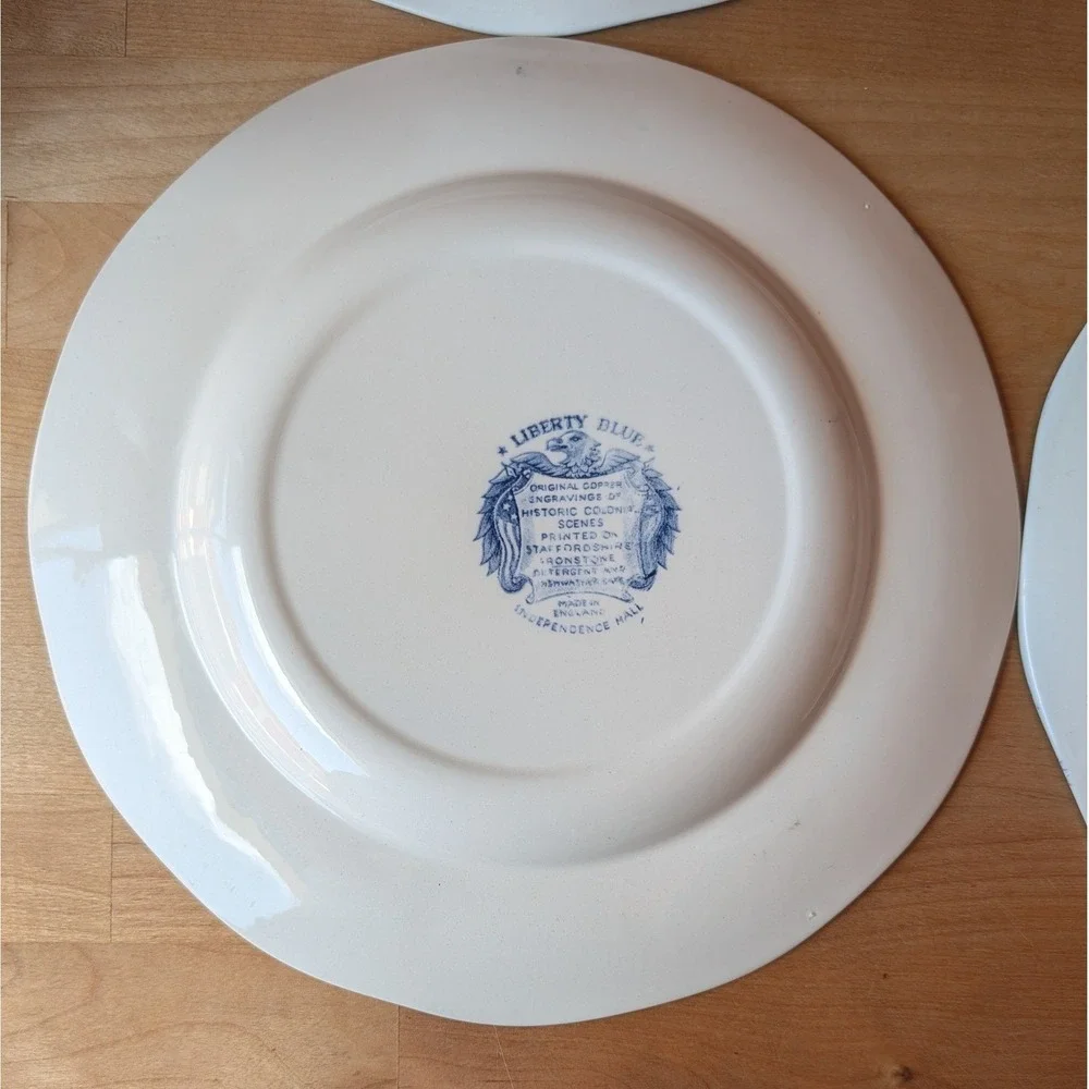 4 Liberty Blue Independence Hall Dinner Plates Staffordshire Ironstone 10